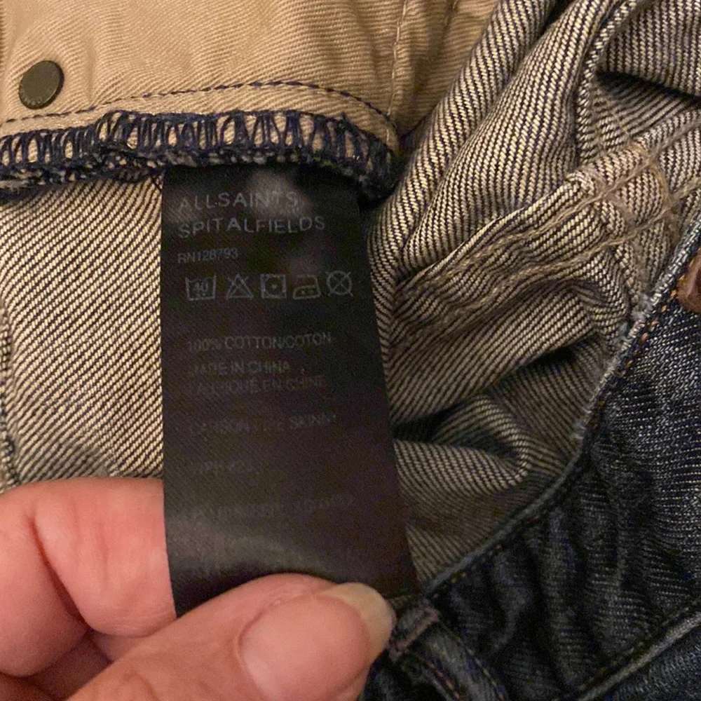 All Saints Spitalfields Jack’s Place skinny dark blue jeans from Neiman Marcus